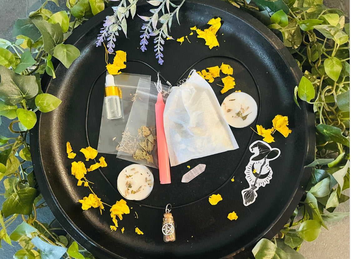 Witch Relaxation Bundle Witchcraft Supplies Candle Dressing Kit Herbal Bath Tea Bag Witchcraft Crystals Herbal Kit